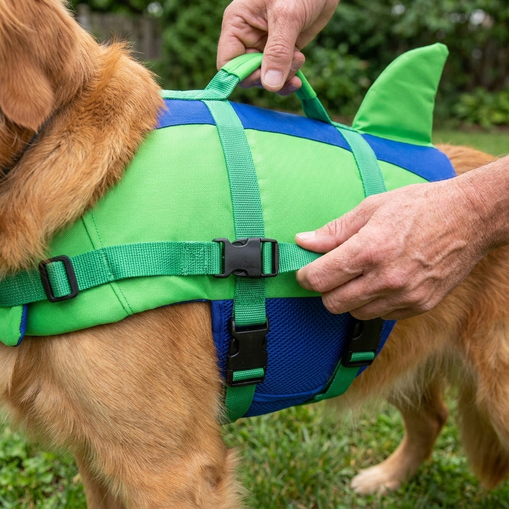 Close-up of the adjustable belly strap and quick-release buckle on the PupFloat dog life jacket
