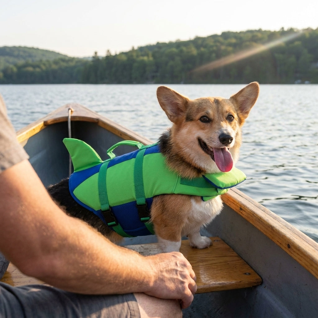 Corgi wearing the PupFloat shark fin dog life jacket by the pool