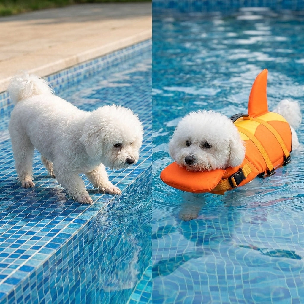 Dog wearing the PupFloat shark fin life vest showing the high-visibility dorsal fin