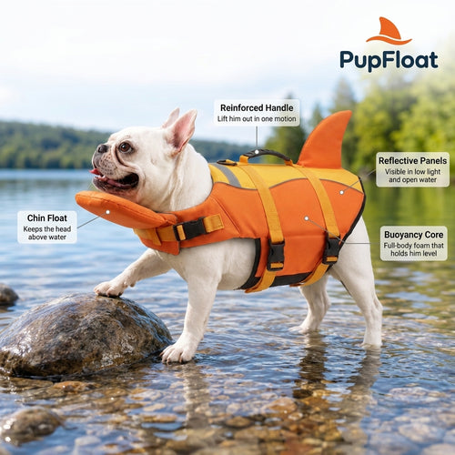 French Bulldog wearing a blue PupFloat shark fin dog life jacket standing in a lake
