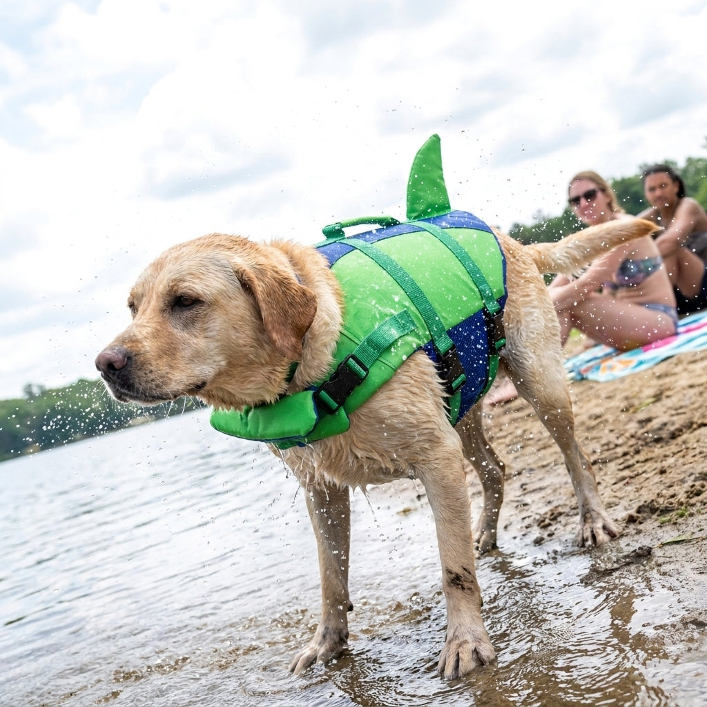 Labrador in a PupFloat dog life jacket shaking off water beside a lake